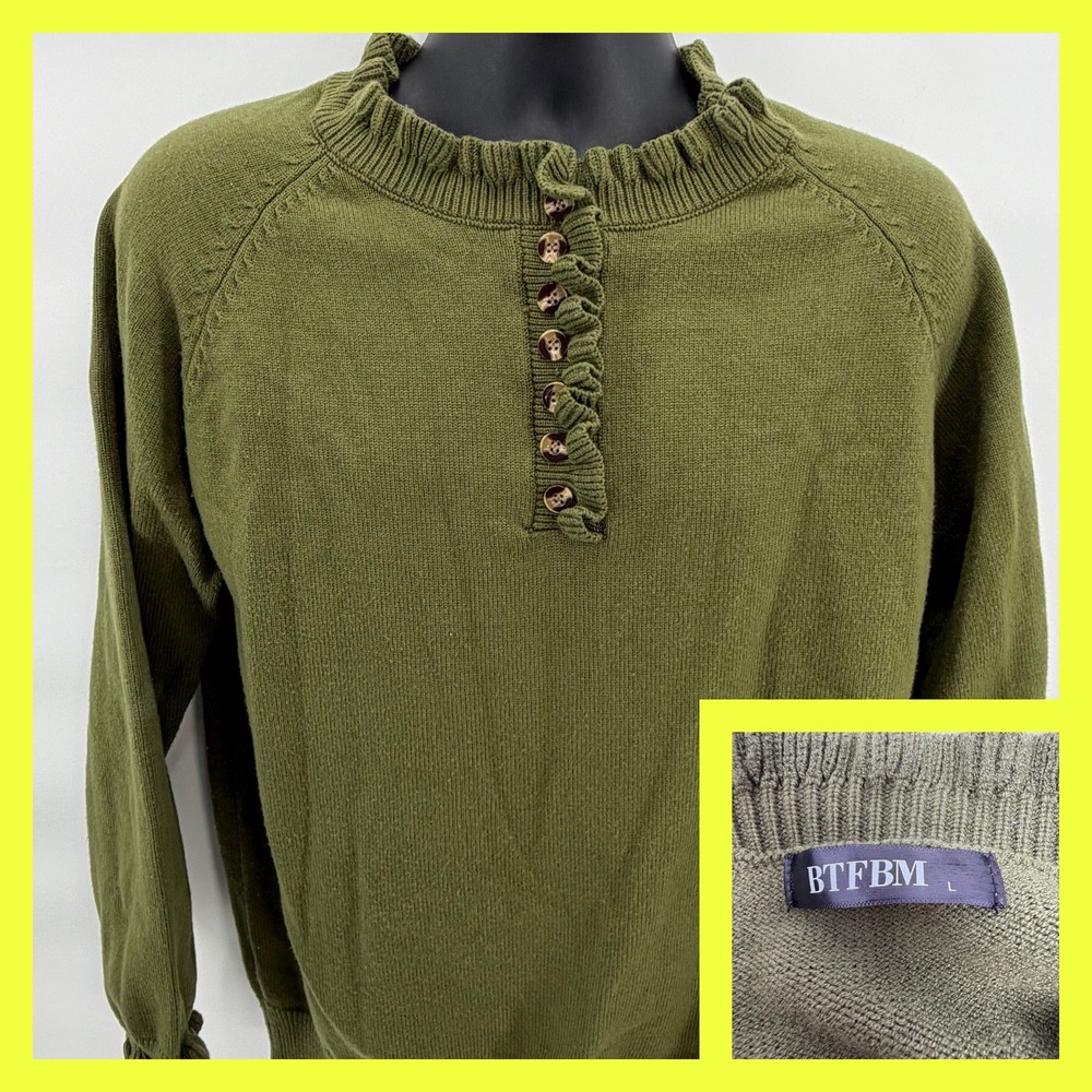BTFBM Women's L Olive‎ Green Ruffle Neck Sweater Button Henley Knit Cottagecore